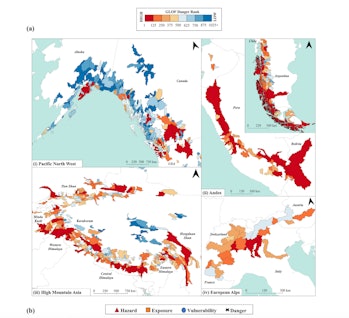 A figure from the study shows areas that are at risk of glacial lake outburst floods