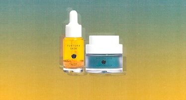 a vial of golden face oil and a jar of blue face balm, both from the brand Furtuna skincare, against...