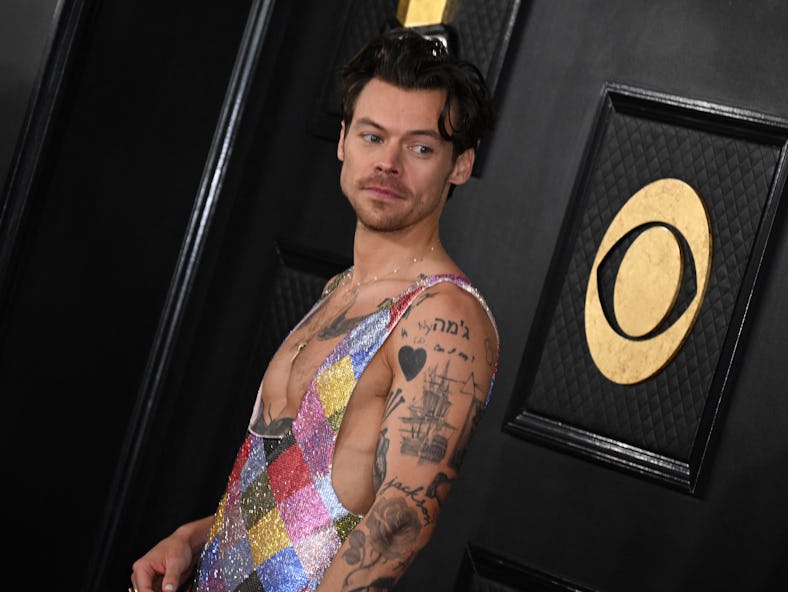 Harry Styles wearing a rainbow jumpsuit at the 2023 Grammy Awards.