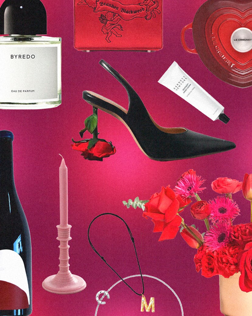 a collage of valentine gifts against a deep pink background
