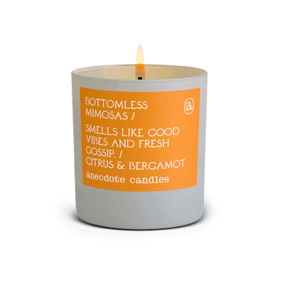 Bottomless Mimosas anecdote candle smells like citrus and bergamot and is a great vday gift for preg...