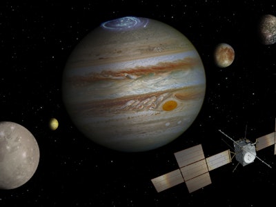 An illustration of the Juice spacecraft and a not-to-scale depiction of Jupiter and the four Galilea...