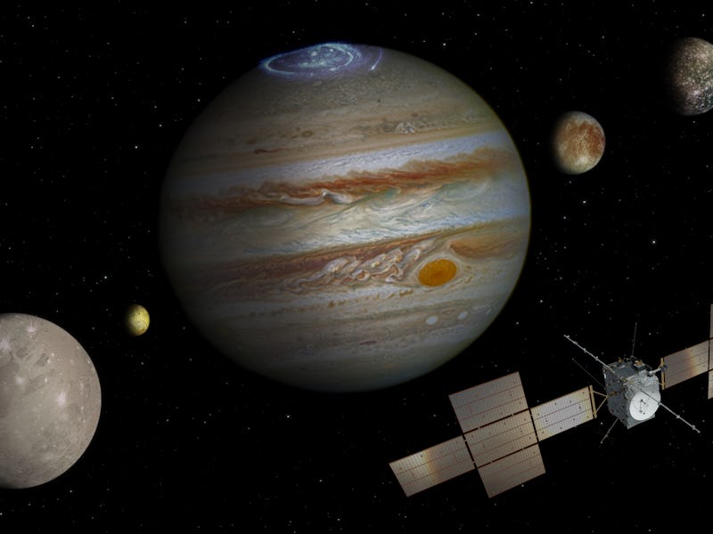 An illustration of the Juice spacecraft and a not-to-scale depiction of Jupiter and the four Galilea...