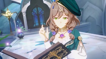 Lisa holding catalyst book in her Sumeru skin