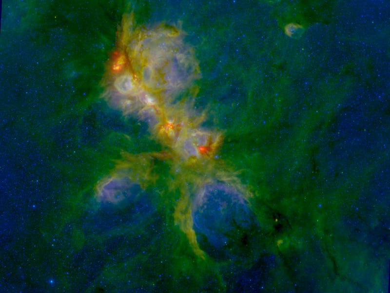 A false-color image of NGC 6334 from multiple telescopes. The area is believed to be a hotspot of fu...