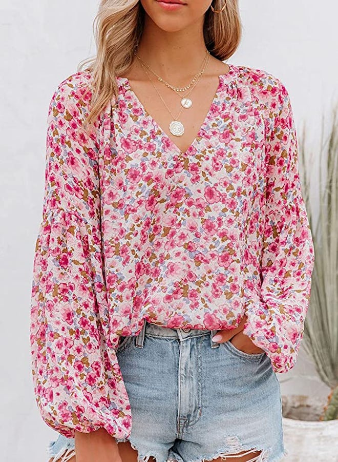 SHEWIN V-Neck Printed Blouse