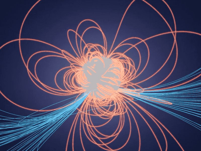 Simulation of a possible quadrupole magnetic field configuration for a pulsar with hot spots in only...