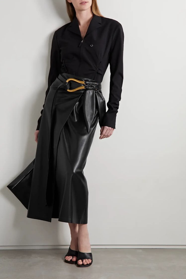 Amas Wrap-Effect Vegan Leather Midi Skirt