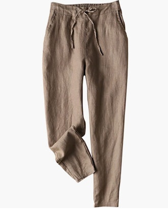These 100% linen pants have a drawstring waist and a tapered leg