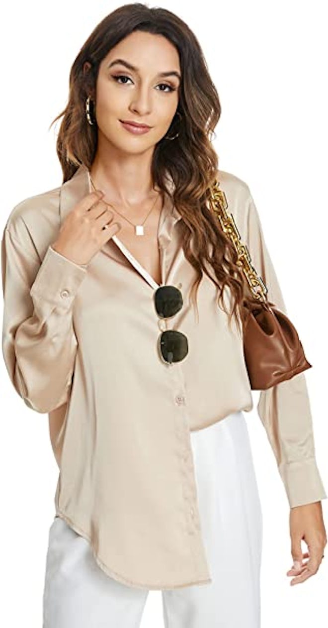 Atnlewhi Long Sleeve Button Down Satin Shirt