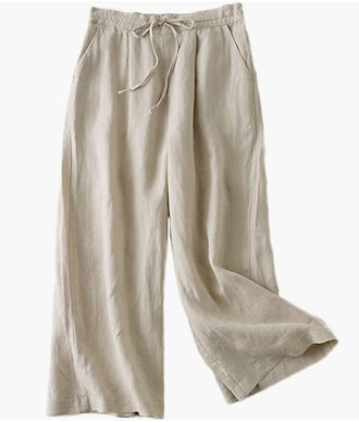 These 100% linen pants have a wide leg, cropped length, and an adjustable drawstring waist