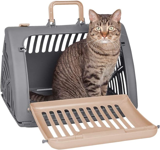 This collapsible cat carrier for nervous cats folds down flat for storage.