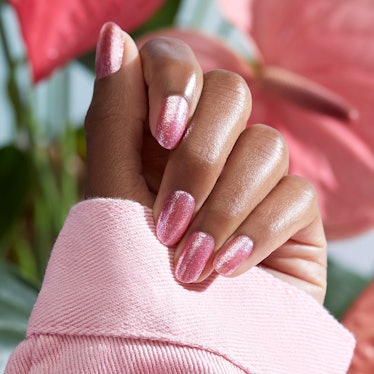 pink glazed nails with pink jacket