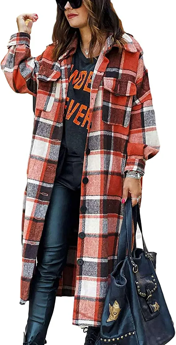 Omoone Plaid Long Shirt Shacket