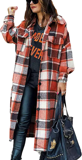 Omoone Plaid Long Shirt Shacket
