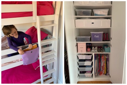 Photos by Tyler Moore of his kid’s bedside book storage and low clothing hangers.