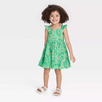 Green floral toddler dress, a bright option when shopping for kids easter outfits 2023