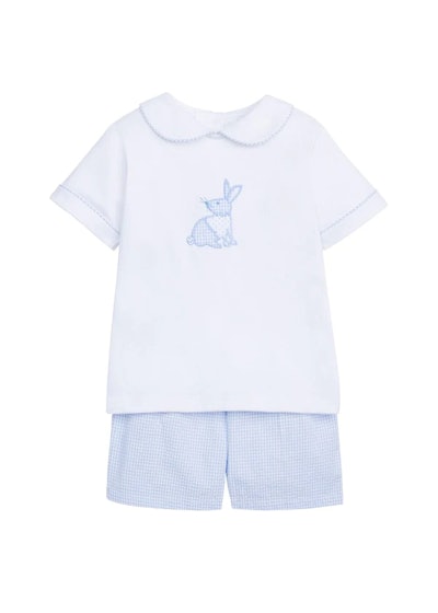 White and blue bunny toddler outfit, a great option when choosing kids easter outfits 2023