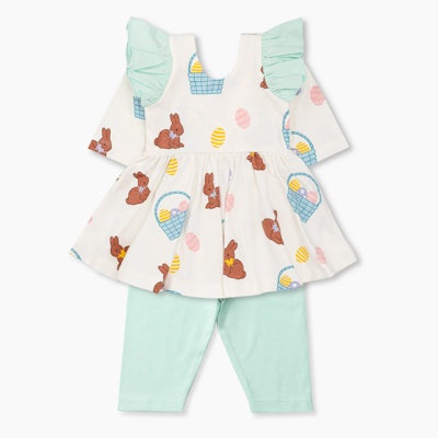 Dress with leggings in bunny print, perfect option when shopping for kids easter outfits 2023