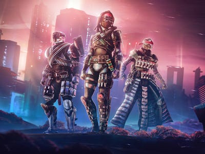 Destiny 2 players standing in front of neon city