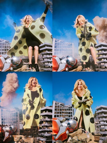 Jennifer Coolidge wears a lime green black polka-dot coat, leather gloves, earrings, black shoes and...