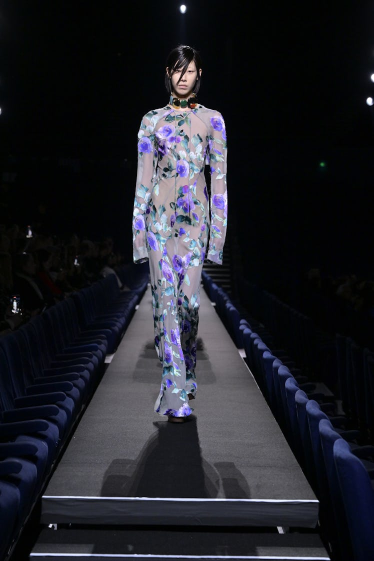 Model on the runway at Dries Van Noten Fall 2023 Ready To Wear Fashion Show on March 1, 2023 at Dome...