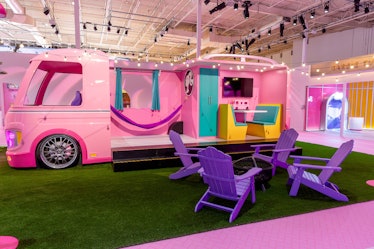 The World of Barbie pop-up in Los Angeles includes Barbie's Dreamhouse and pink camper. 