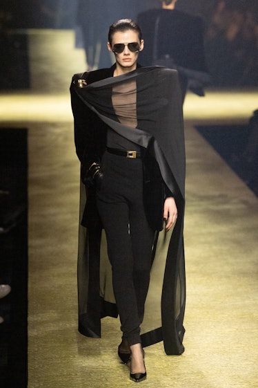 A model walks the runway during the Saint Laurent Womenswear Fall Winter 2023-2024 show as part of P...