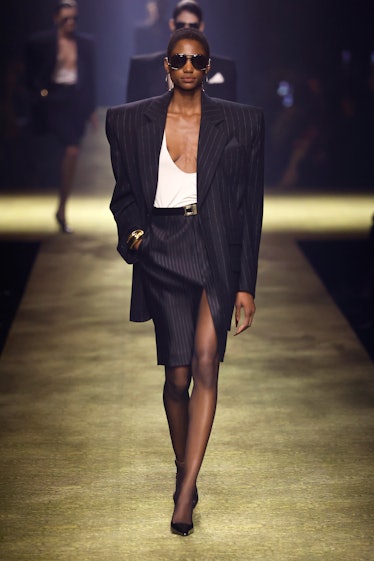 A model walks the runway during the Saint Laurent Womenswear Fall Winter 2023-2024 show as part of P...
