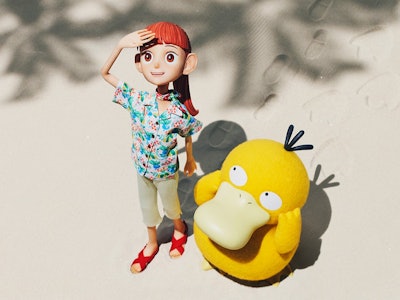 Haru and Psyduck on the beach at Pokemon Resort