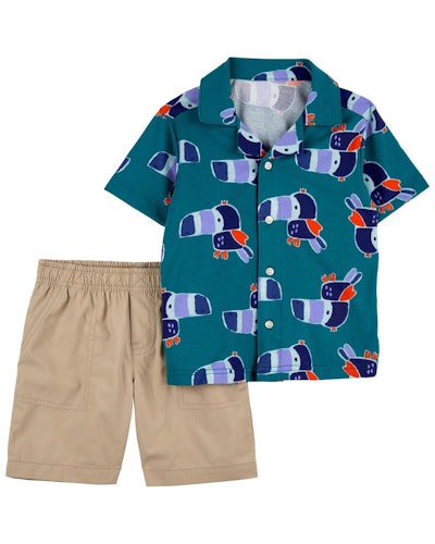 2-Piece Bird Button-Front Shirt & Short Set