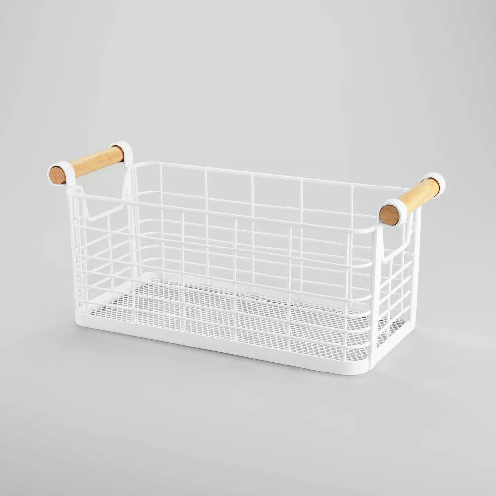 Rectangular Wire Natural Wood Handles Basket