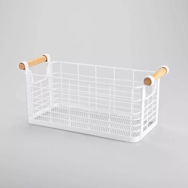 Rectangular Wire Natural Wood Handles Basket