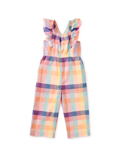 A rainbow plaid jumpsuit, the perfect colors for your kids easter outfit 2023