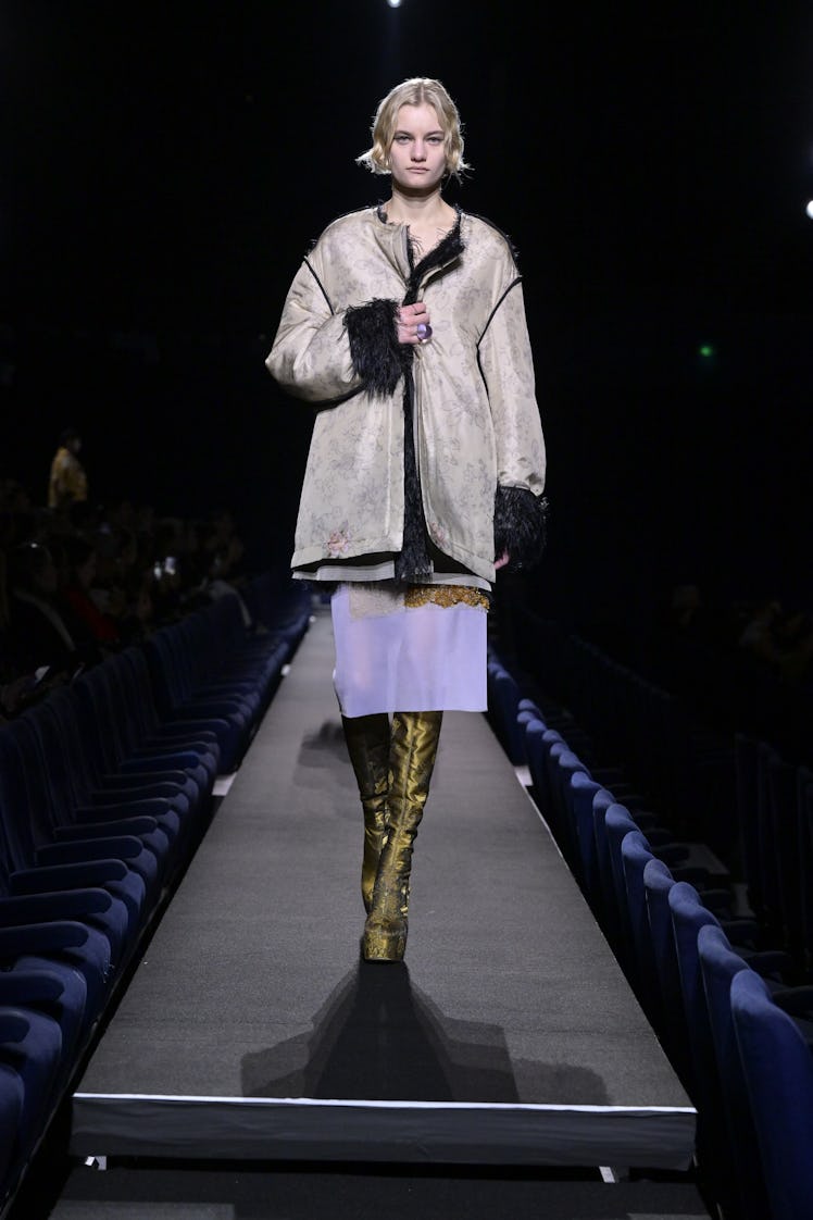 Model on the runway at Dries Van Noten Fall 2023 Ready To Wear Fashion Show on March 1, 2023 at Dome...