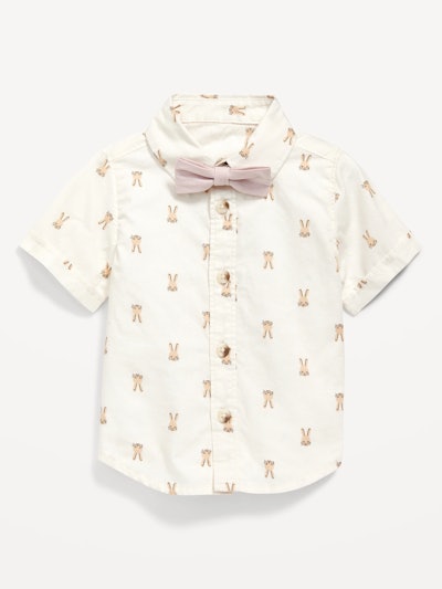 Bunny button up shirt with bow tie, and adorable choice for kids easter outfits 2023