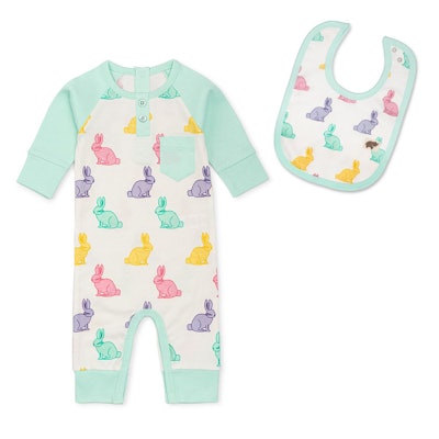 Easter bunny jumpsuit and bib set, a festive option when shopping for kids easter outfits 2023