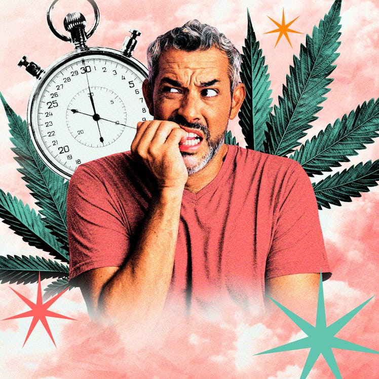 Collage of an anxious, high man biting his nails, with a clock and marijuana leaves behind him.