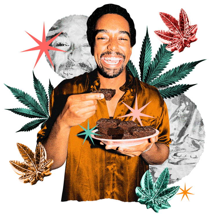 Collage of a smiling man eating a plate of pot brownies, surrounded by marijuana leaves.