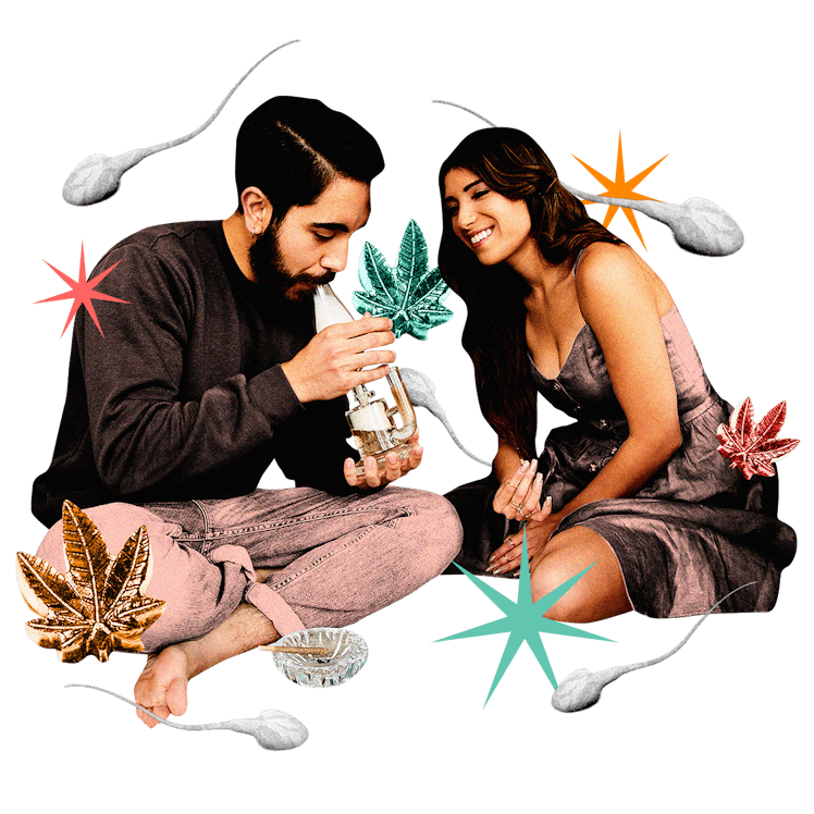 Collage of a man and woman smoking weed together, surrounded by sperm cells.