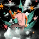 Collage of a man sleeping on his stomach with a teddy bear, on top of a marijuana leaf.