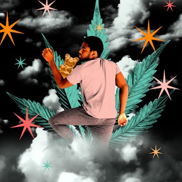 Collage of a man sleeping on his stomach with a teddy bear, on top of a marijuana leaf.