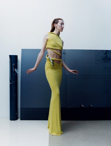 Model Lorna Foran wears yellow dress.