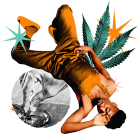 Collage of a man clutching his head, a hand putting out a blunt, and a marijuana leaf.