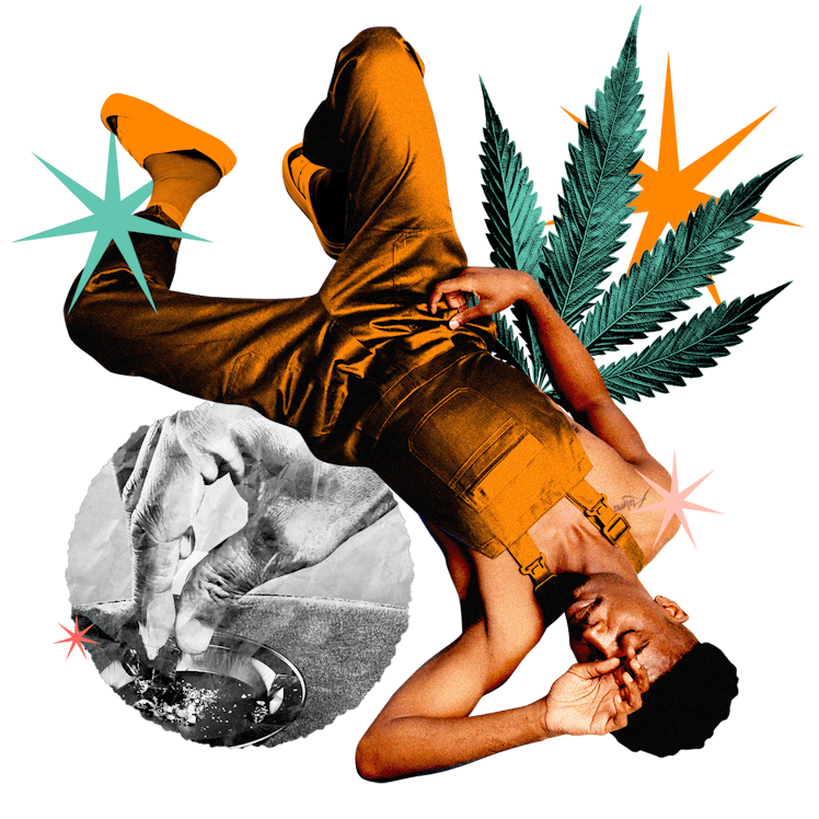 Collage of a man clutching his head, a hand putting out a blunt, and a marijuana leaf.