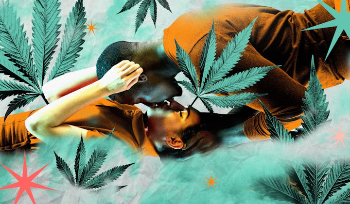 Collage of a man and woman kissing with marijuana leaves surrounding them.