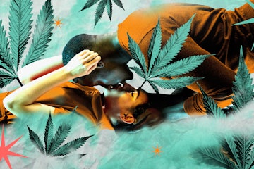 Collage of a man and woman kissing with marijuana leaves surrounding them.