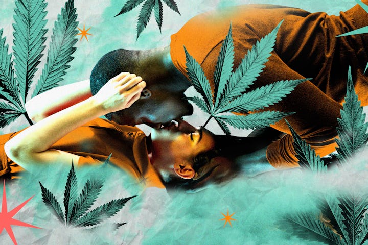Collage of a man and woman kissing with marijuana leaves surrounding them.