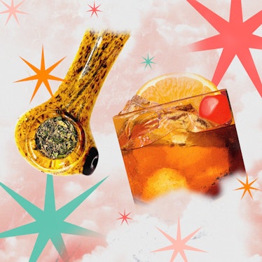 Collage of a bong and alcoholic beverage.