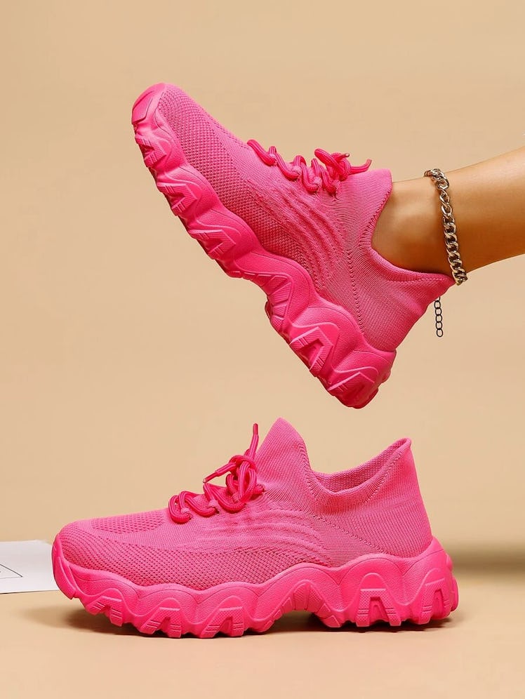SHEIN X Ultra Neon Pink Lace-up Front Chunky Sneakers